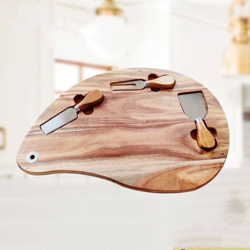 Cheese Board Set with 3 Stainless Steel Knives – Wooden Charcuterie Platter 40x26cm